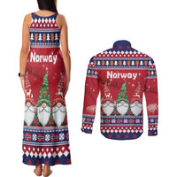 Norway Nisse Christmas Couples Matching Tank Maxi Dress and Long Sleeve Button Shirt God Jul Norwegian Christmas Pattern - Wonder Print Shop