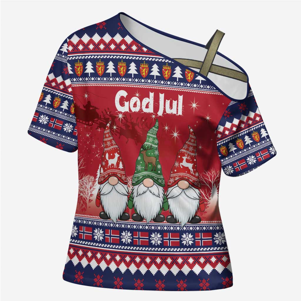 Norway Nisse Christmas Cross Shoulder Shirt God Jul Norwegian Christmas Pattern - Wonder Print Shop
