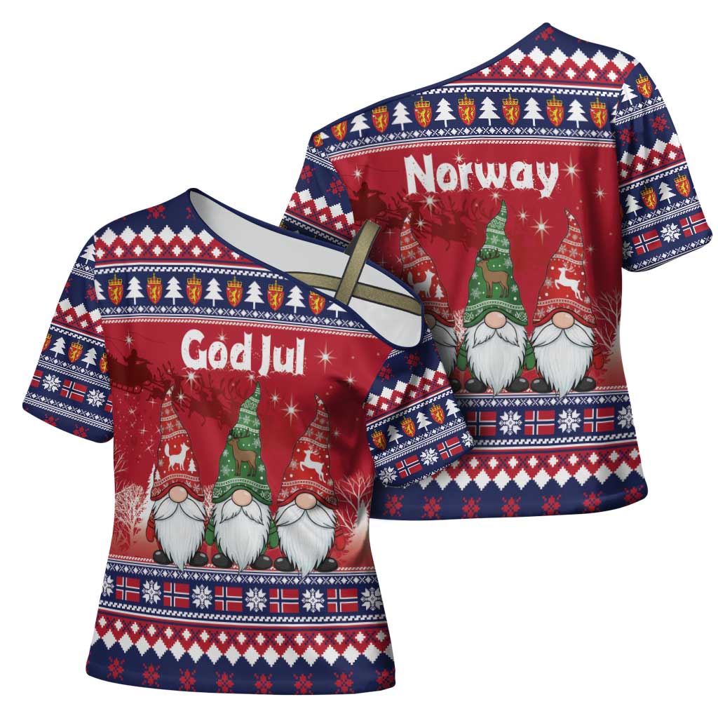 Norway Nisse Christmas Cross Shoulder Shirt God Jul Norwegian Christmas Pattern - Wonder Print Shop