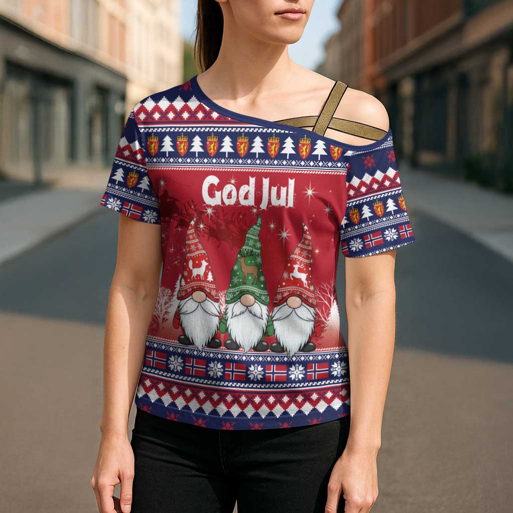 Norway Nisse Christmas Cross Shoulder Shirt God Jul Norwegian Christmas Pattern - Wonder Print Shop