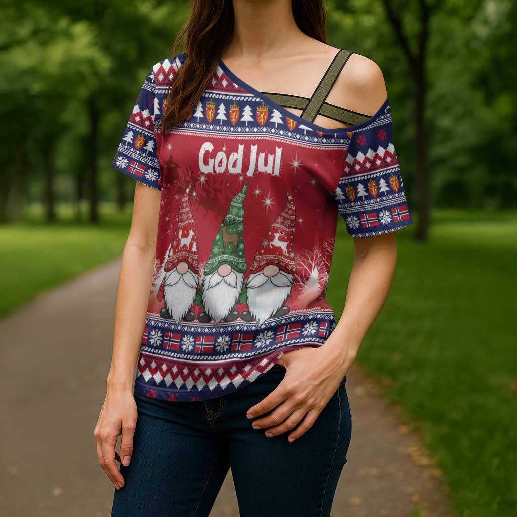 Norway Nisse Christmas Cross Shoulder Shirt God Jul Norwegian Christmas Pattern - Wonder Print Shop