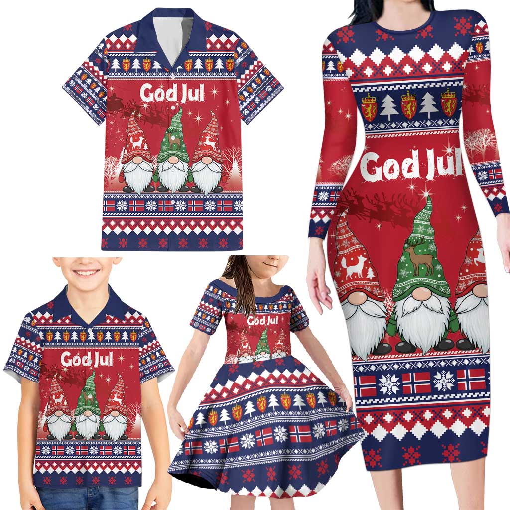 Norway Nisse Christmas Family Matching Long Sleeve Bodycon Dress and Hawaiian Shirt God Jul Norwegian Christmas Pattern - Wonder Print Shop