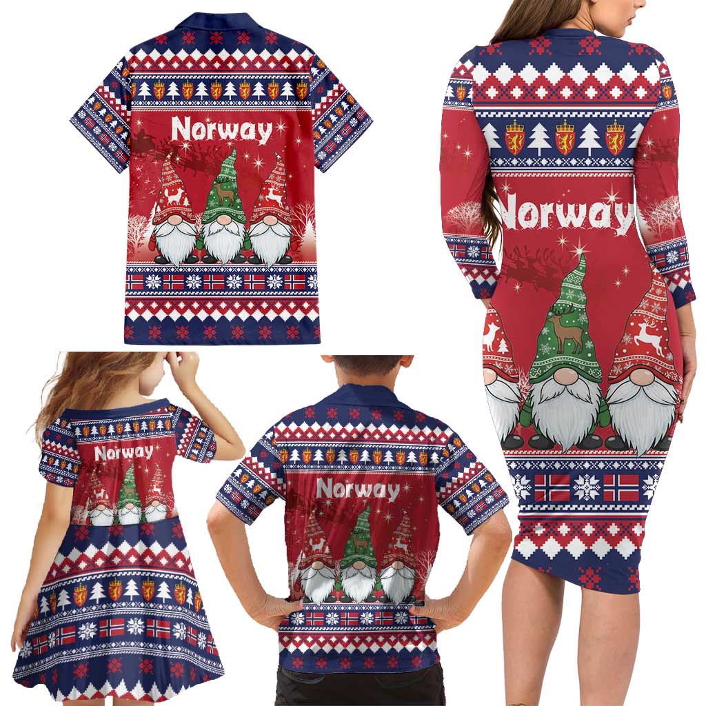 Norway Nisse Christmas Family Matching Long Sleeve Bodycon Dress and Hawaiian Shirt God Jul Norwegian Christmas Pattern - Wonder Print Shop