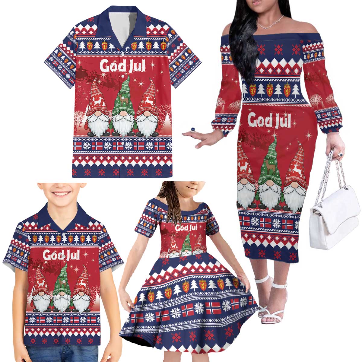 Norway Nisse Christmas Family Matching Off The Shoulder Long Sleeve Dress and Hawaiian Shirt God Jul Norwegian Christmas Pattern - Wonder Print Shop