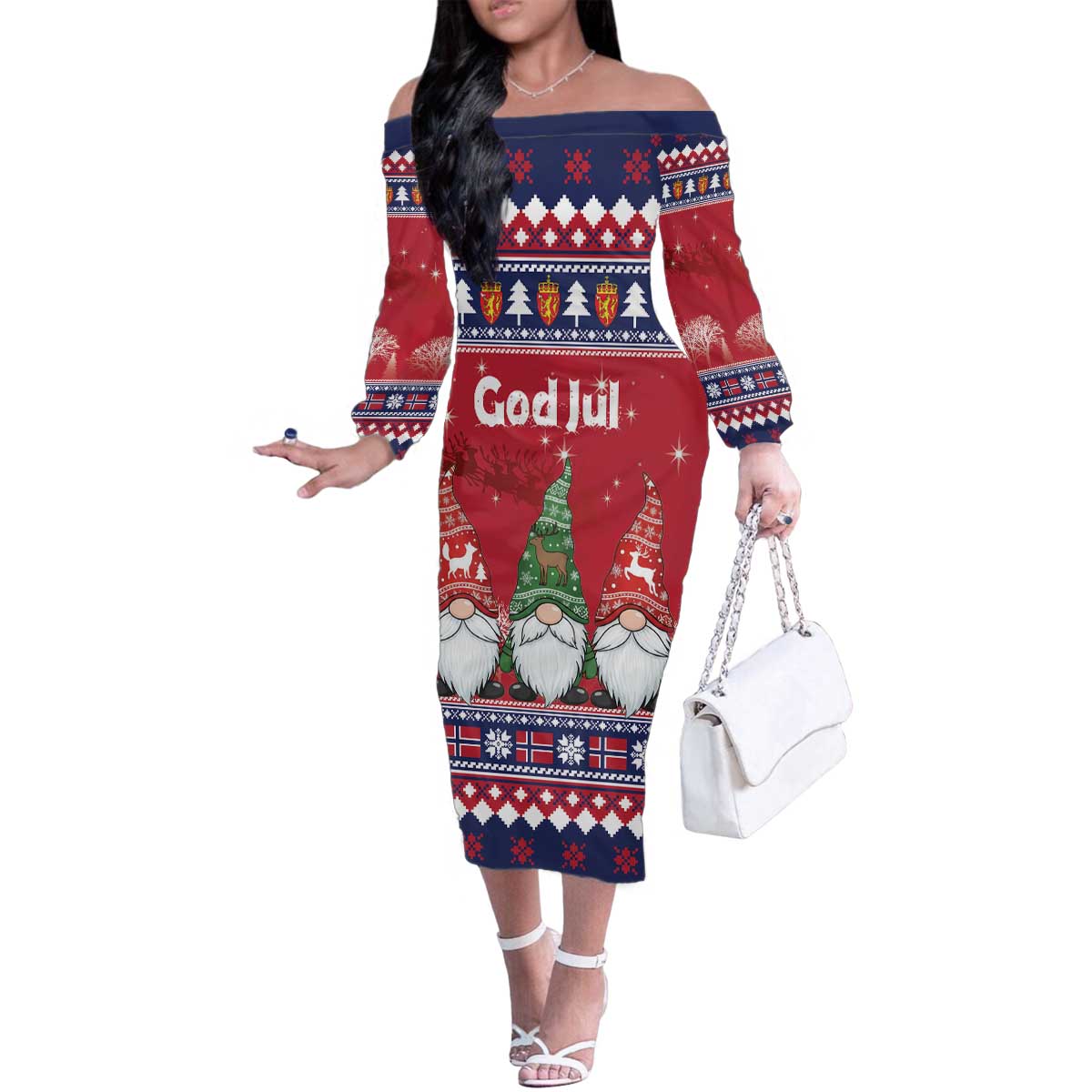 Norway Nisse Christmas Family Matching Off The Shoulder Long Sleeve Dress and Hawaiian Shirt God Jul Norwegian Christmas Pattern - Wonder Print Shop