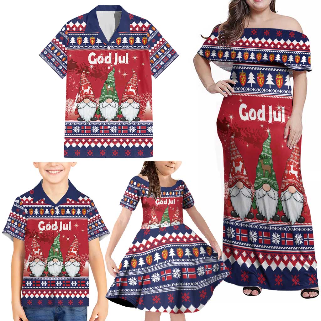 Norway Nisse Christmas Family Matching Off Shoulder Maxi Dress and Hawaiian Shirt God Jul Norwegian Christmas Pattern - Wonder Print Shop