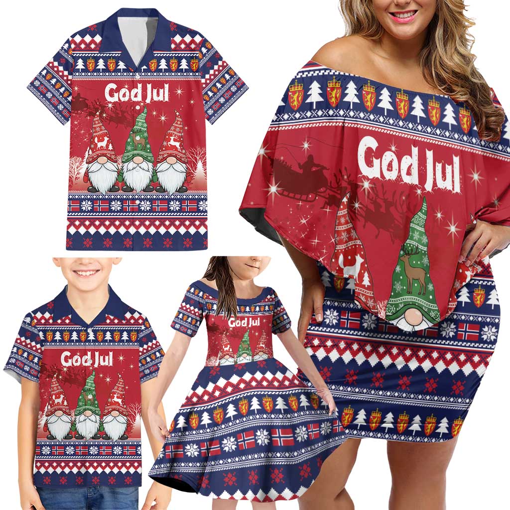 Norway Nisse Christmas Family Matching Off Shoulder Short Dress and Hawaiian Shirt God Jul Norwegian Christmas Pattern - Wonder Print Shop