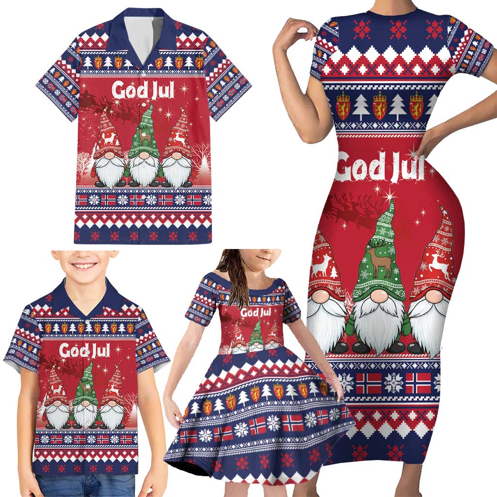 Norway Nisse Christmas Family Matching Short Sleeve Bodycon Dress and Hawaiian Shirt God Jul Norwegian Christmas Pattern - Wonder Print Shop