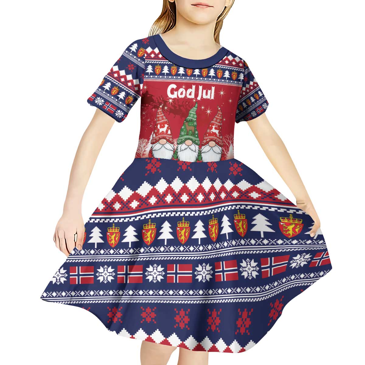 Norway Nisse Christmas Kid Short Sleeve Dress God Jul Norwegian Christmas Pattern - Wonder Print Shop