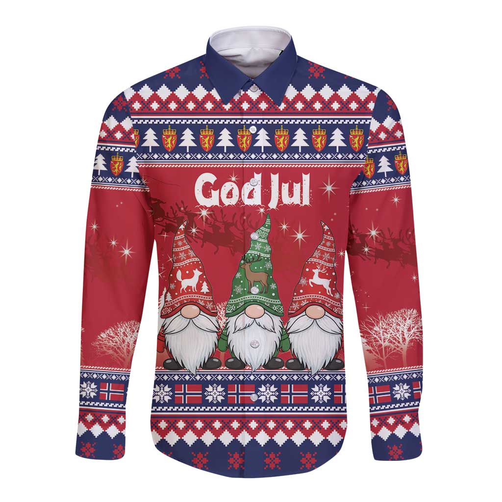 Norway Nisse Christmas Long Sleeve Button Shirt God Jul Norwegian Christmas Pattern - Wonder Print Shop