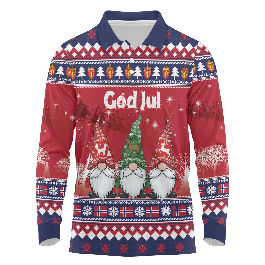 Norway Nisse Christmas Long Sleeve Polo Shirt God Jul Norwegian Christmas Pattern - Wonder Print Shop