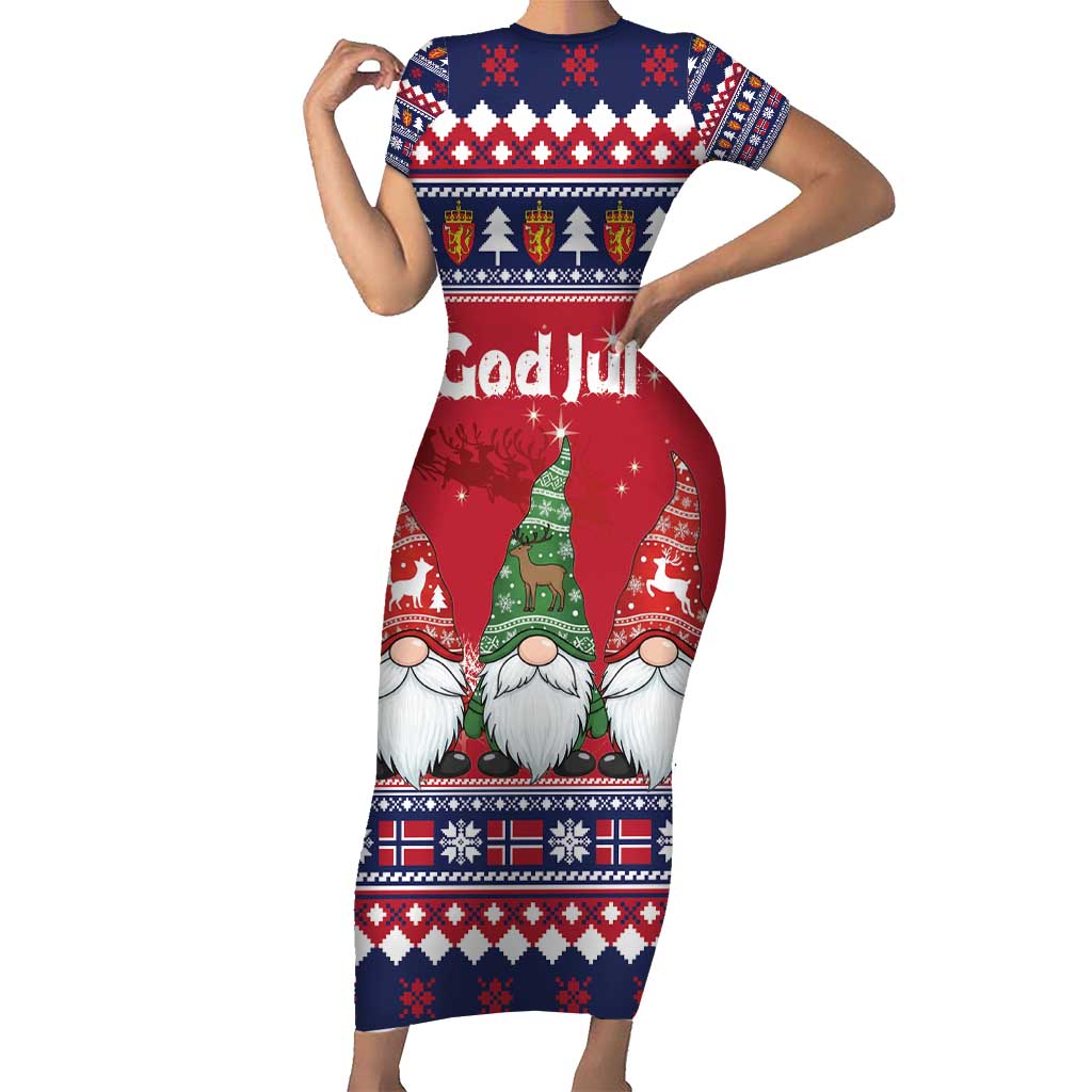 Norway Nisse Christmas Short Sleeve Bodycon Dress God Jul Norwegian Christmas Pattern - Wonder Print Shop