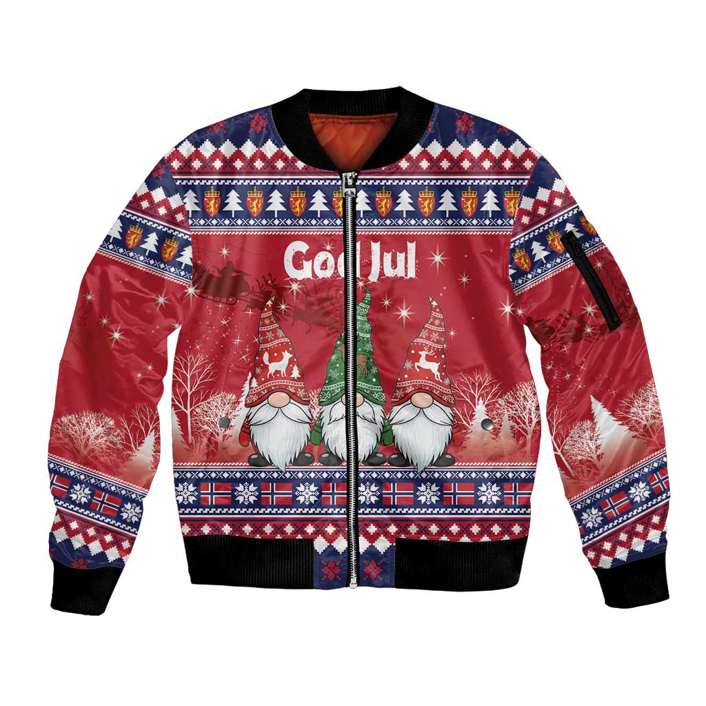 Norway Nisse Christmas Sleeve Zip Bomber Jacket God Jul Norwegian Christmas Pattern - Wonder Print Shop