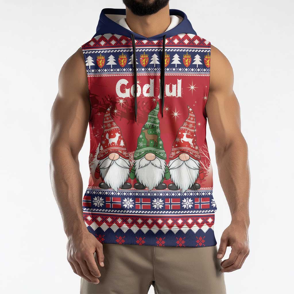 Norway Nisse Christmas Sleeveless Hoodie God Jul Norwegian Christmas Pattern - Wonder Print Shop
