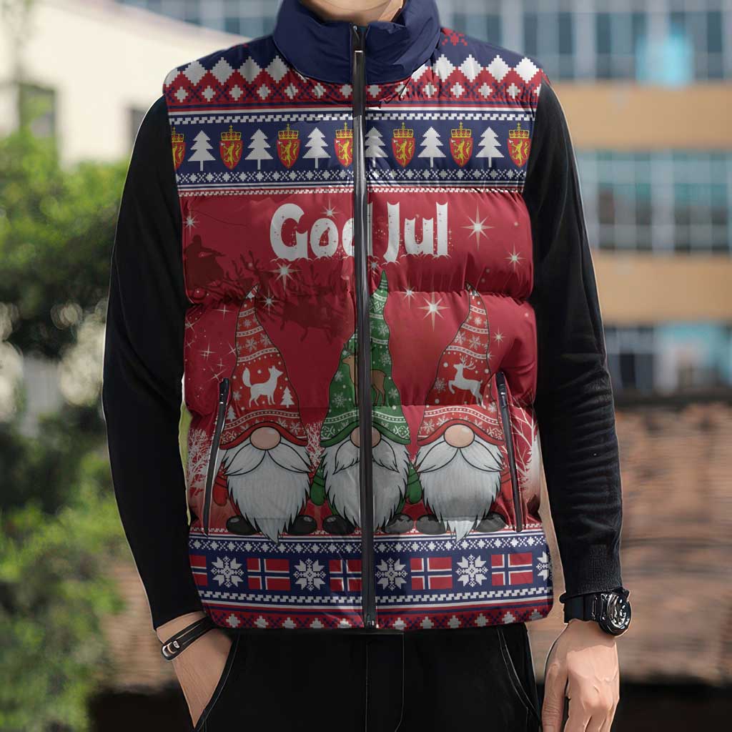 Norway Nisse Christmas Sleeveless Puffer Jacket God Jul Norwegian Christmas Pattern - Wonder Print Shop