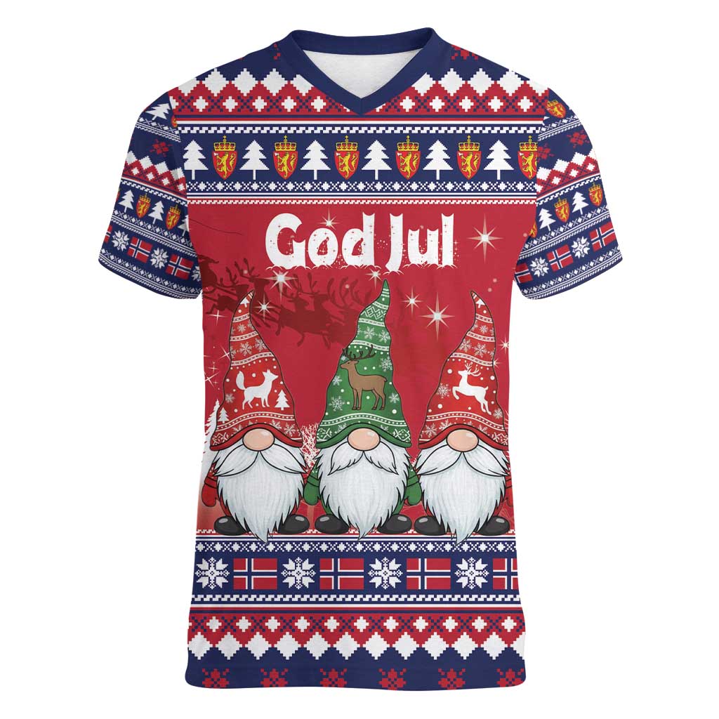 Norway Nisse Christmas Women V-Neck T-Shirt God Jul Norwegian Christmas Pattern - Wonder Print Shop