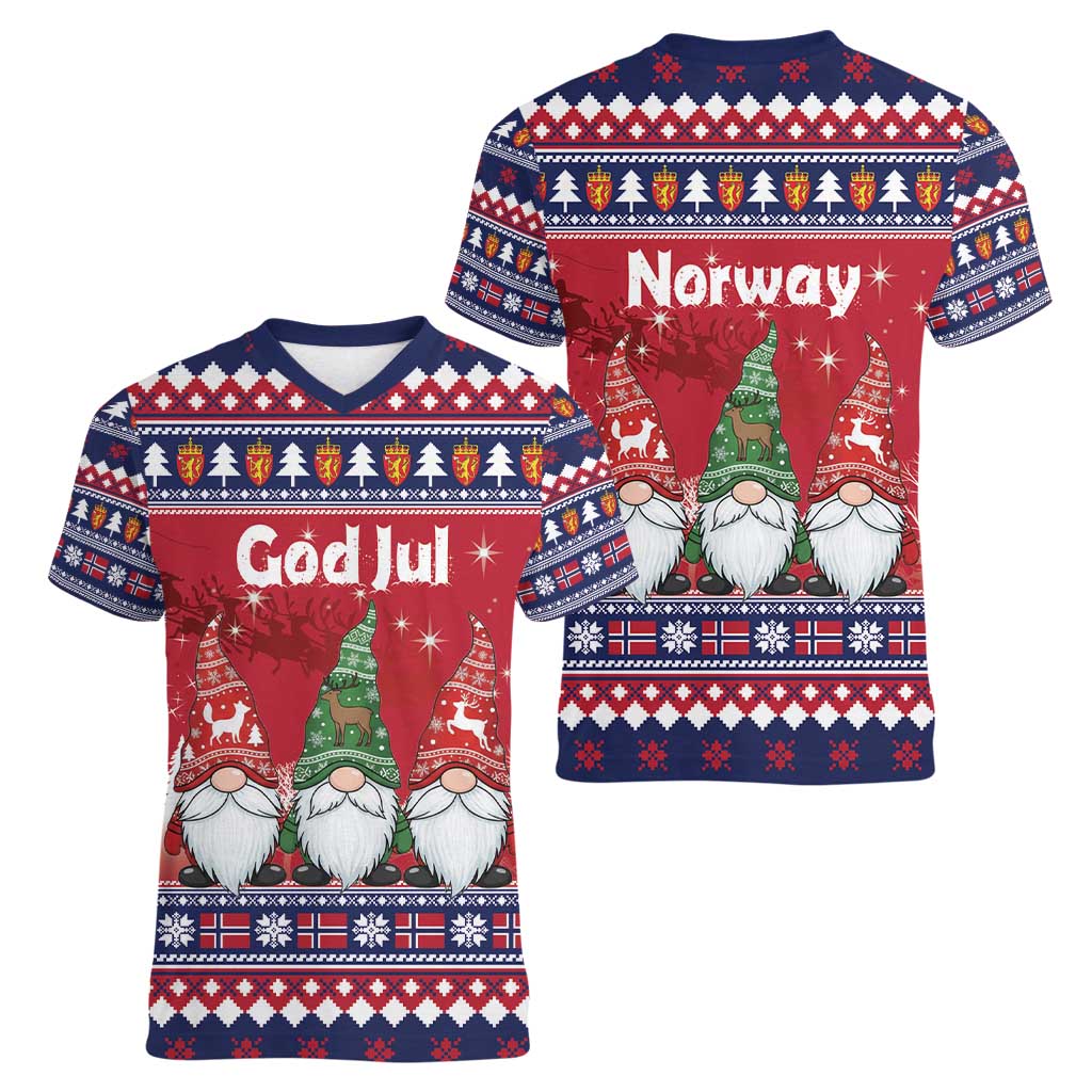 Norway Nisse Christmas Women V-Neck T-Shirt God Jul Norwegian Christmas Pattern - Wonder Print Shop