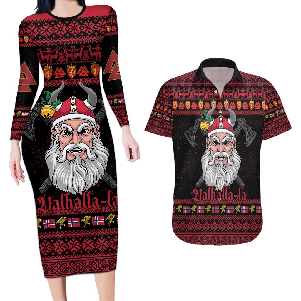 Norway Christmas Couples Matching Long Sleeve Bodycon Dress and Hawaiian Shirt Valhalla La La Viking Santa - Wonder Print Shop
