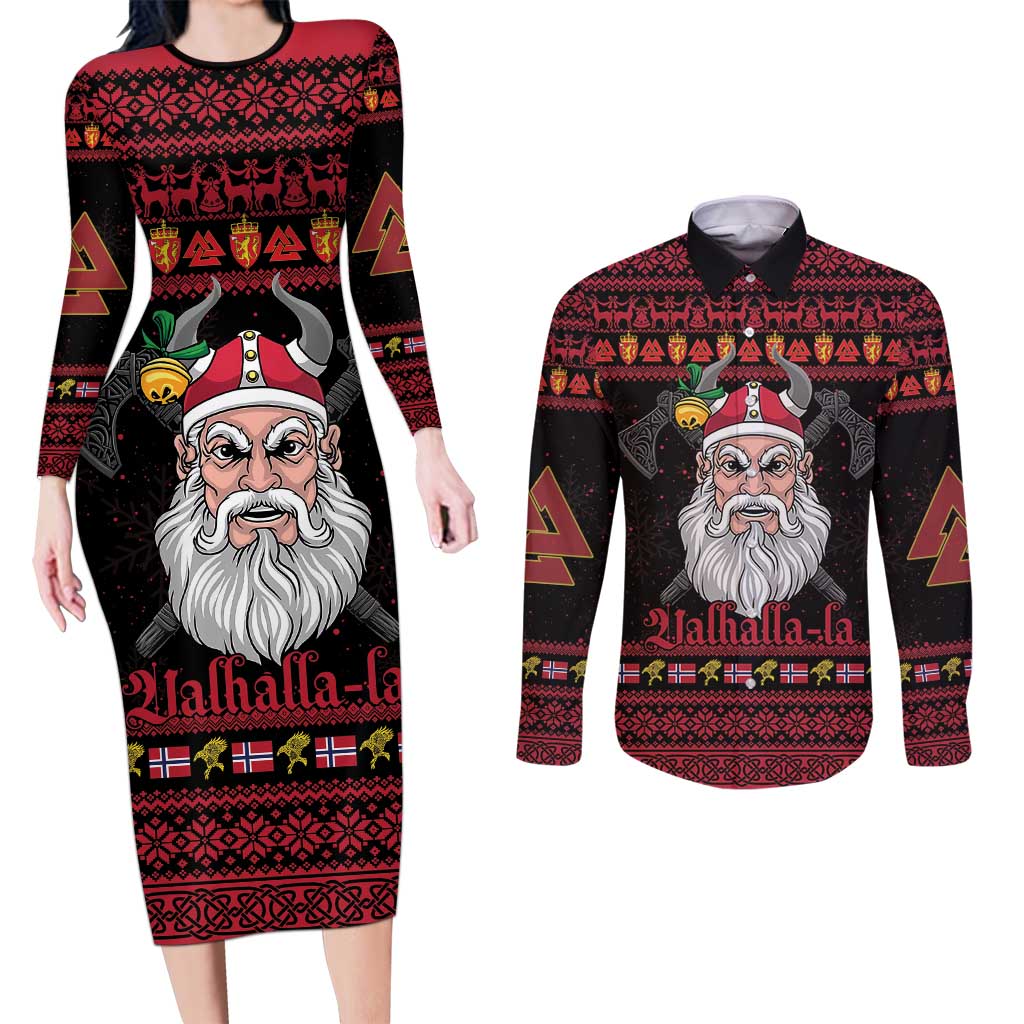 Norway Christmas Couples Matching Long Sleeve Bodycon Dress and Long Sleeve Button Shirt Valhalla La La Viking Santa - Wonder Print Shop
