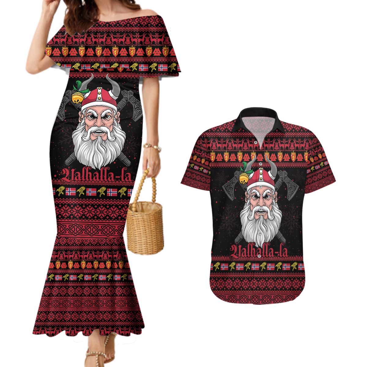 Norway Christmas Couples Matching Mermaid Dress and Hawaiian Shirt Valhalla La La Viking Santa - Wonder Print Shop