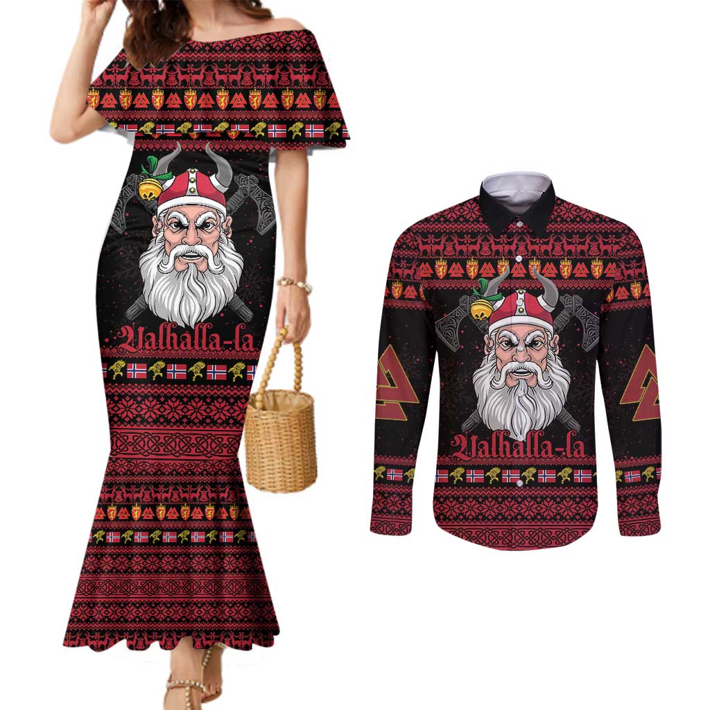 Norway Christmas Couples Matching Mermaid Dress and Long Sleeve Button Shirt Valhalla La La Viking Santa - Wonder Print Shop