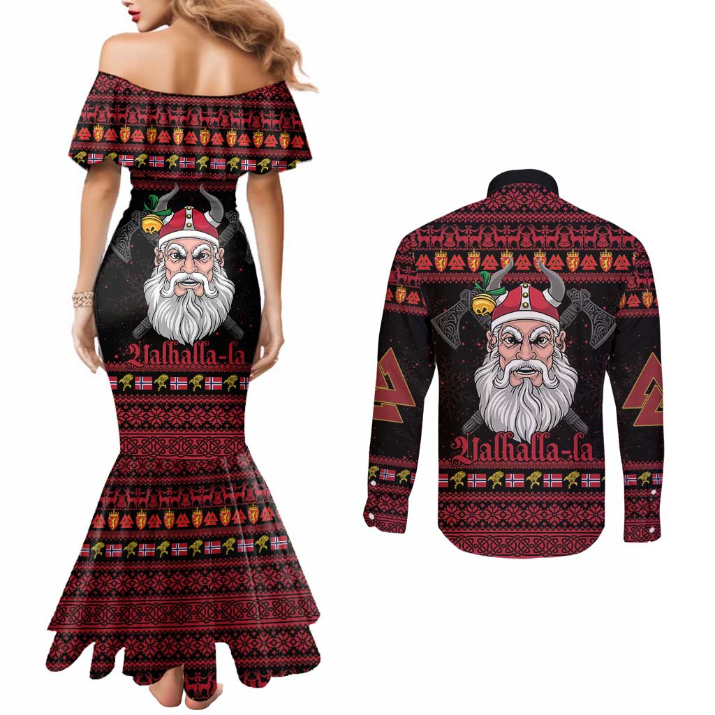 Norway Christmas Couples Matching Mermaid Dress and Long Sleeve Button Shirt Valhalla La La Viking Santa - Wonder Print Shop
