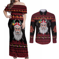 Norway Christmas Couples Matching Off Shoulder Maxi Dress and Long Sleeve Button Shirt Valhalla La La Viking Santa - Wonder Print Shop