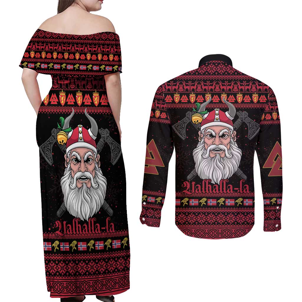Norway Christmas Couples Matching Off Shoulder Maxi Dress and Long Sleeve Button Shirt Valhalla La La Viking Santa - Wonder Print Shop