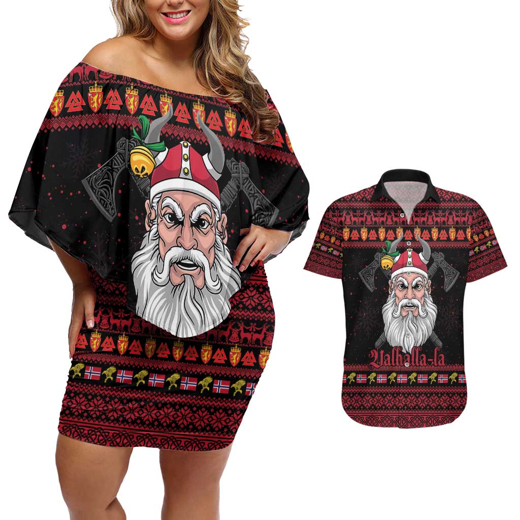 Norway Christmas Couples Matching Off Shoulder Short Dress and Hawaiian Shirt Valhalla La La Viking Santa - Wonder Print Shop