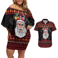 Norway Christmas Couples Matching Off Shoulder Short Dress and Hawaiian Shirt Valhalla La La Viking Santa - Wonder Print Shop