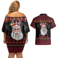 Norway Christmas Couples Matching Off Shoulder Short Dress and Hawaiian Shirt Valhalla La La Viking Santa - Wonder Print Shop