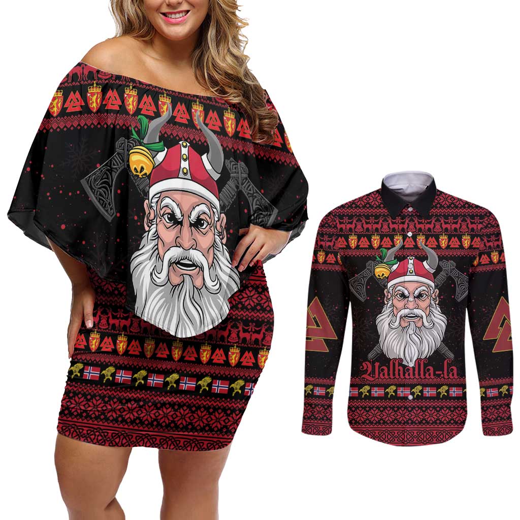 Norway Christmas Couples Matching Off Shoulder Short Dress and Long Sleeve Button Shirt Valhalla La La Viking Santa - Wonder Print Shop