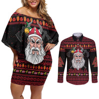 Norway Christmas Couples Matching Off Shoulder Short Dress and Long Sleeve Button Shirt Valhalla La La Viking Santa - Wonder Print Shop