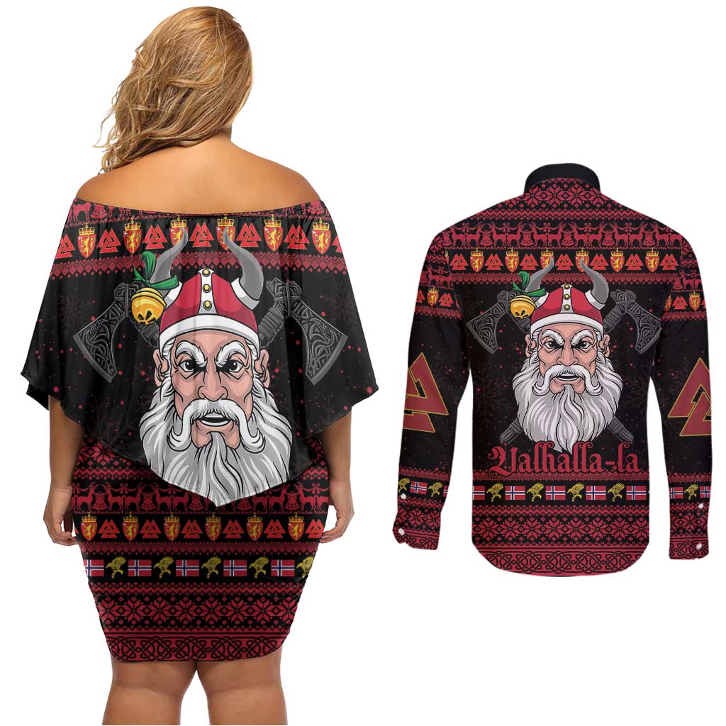 Norway Christmas Couples Matching Off Shoulder Short Dress and Long Sleeve Button Shirt Valhalla La La Viking Santa - Wonder Print Shop