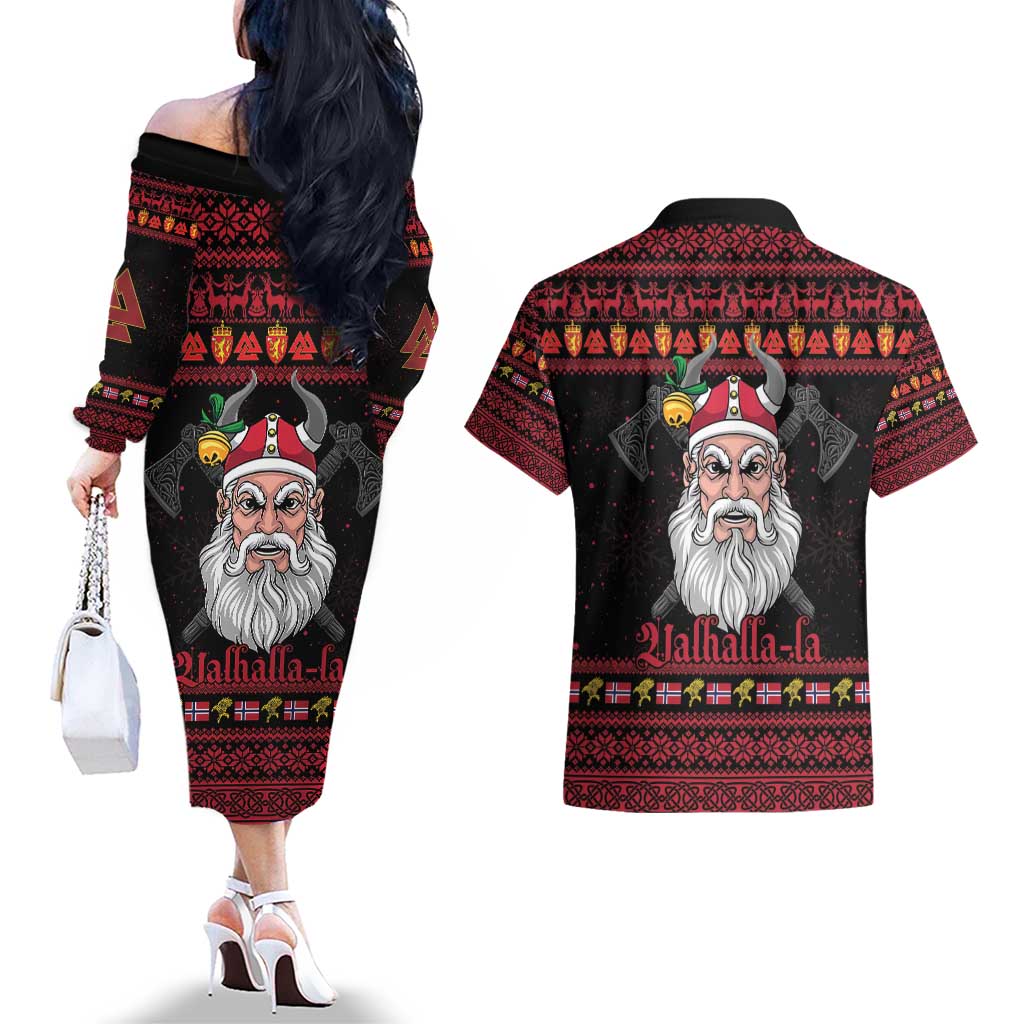 Norway Christmas Couples Matching Off The Shoulder Long Sleeve Dress and Hawaiian Shirt Valhalla La La Viking Santa - Wonder Print Shop