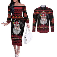 Norway Christmas Couples Matching Off The Shoulder Long Sleeve Dress and Long Sleeve Button Shirt Valhalla La La Viking Santa - Wonder Print Shop