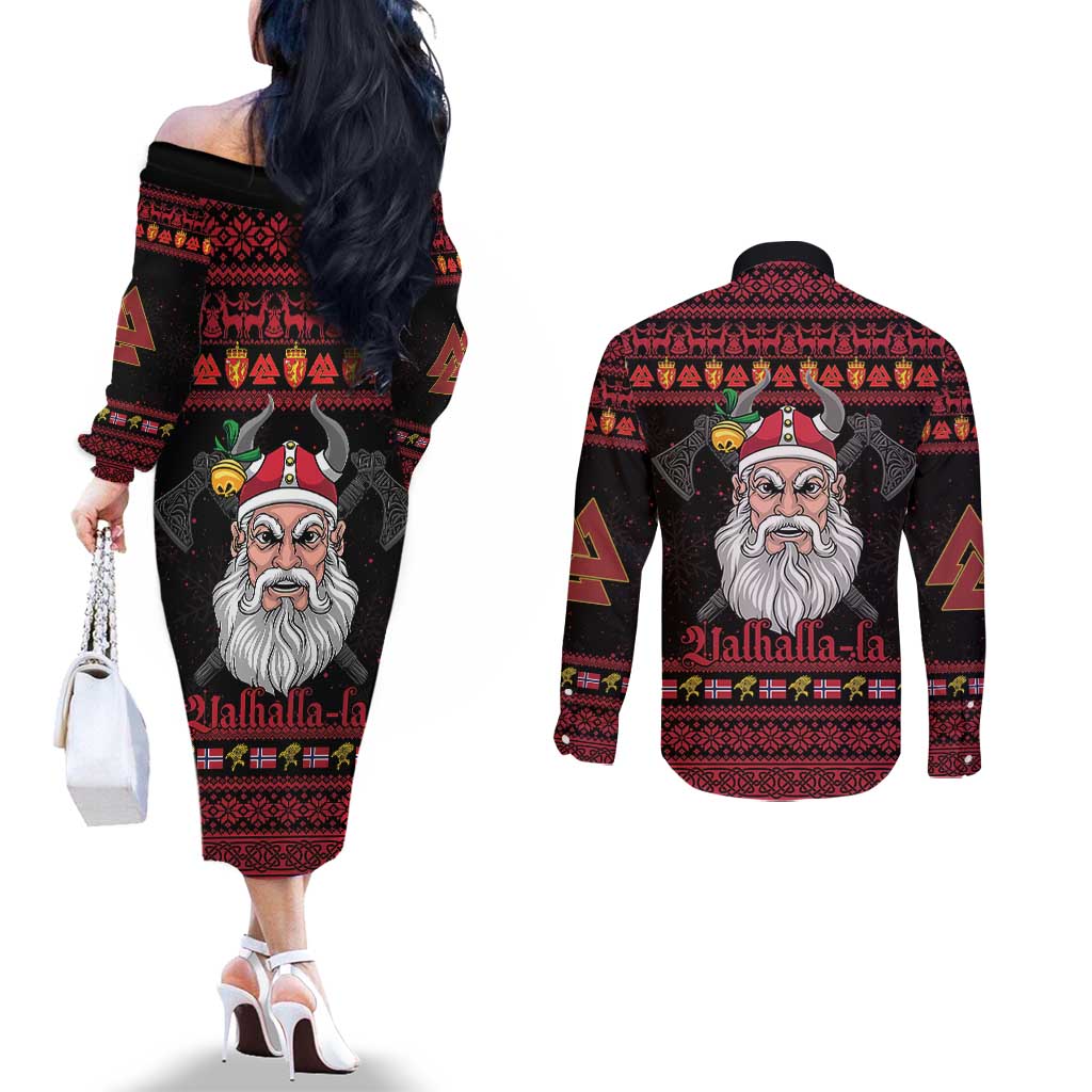 Norway Christmas Couples Matching Off The Shoulder Long Sleeve Dress and Long Sleeve Button Shirt Valhalla La La Viking Santa - Wonder Print Shop