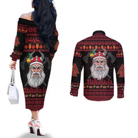 Norway Christmas Couples Matching Off The Shoulder Long Sleeve Dress and Long Sleeve Button Shirt Valhalla La La Viking Santa - Wonder Print Shop