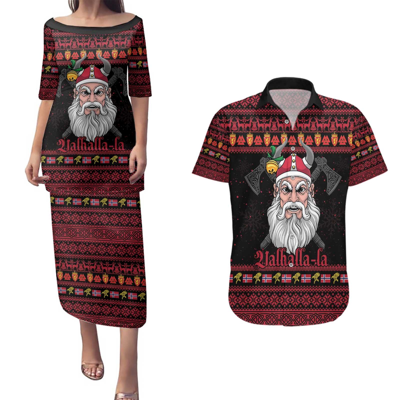Norway Christmas Couples Matching Puletasi and Hawaiian Shirt Valhalla La La Viking Santa - Wonder Print Shop