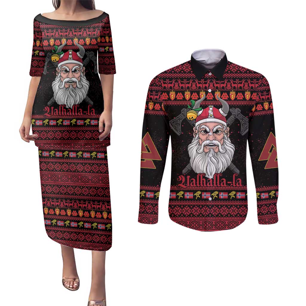 Norway Christmas Couples Matching Puletasi and Long Sleeve Button Shirt Valhalla La La Viking Santa - Wonder Print Shop