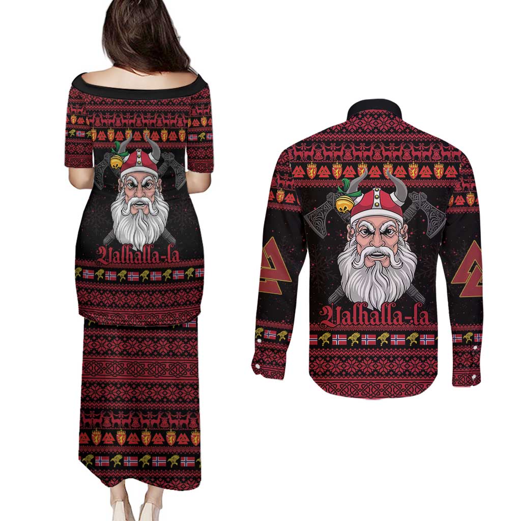 Norway Christmas Couples Matching Puletasi and Long Sleeve Button Shirt Valhalla La La Viking Santa - Wonder Print Shop