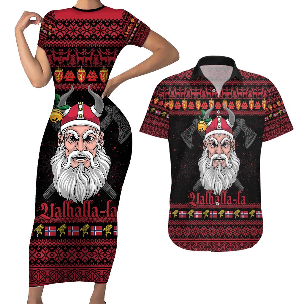 Norway Christmas Couples Matching Short Sleeve Bodycon Dress and Hawaiian Shirt Valhalla La La Viking Santa - Wonder Print Shop