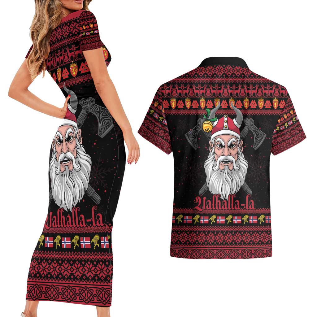 Norway Christmas Couples Matching Short Sleeve Bodycon Dress and Hawaiian Shirt Valhalla La La Viking Santa - Wonder Print Shop
