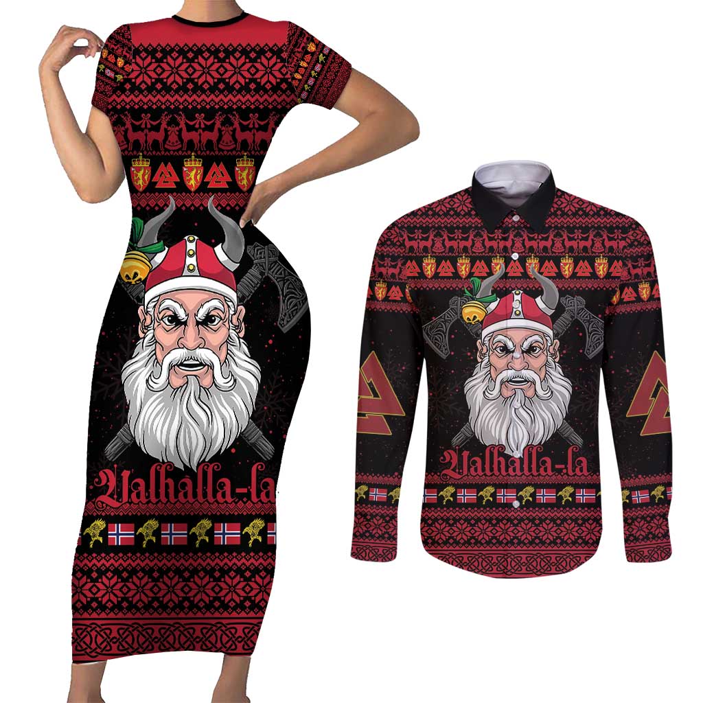 Norway Christmas Couples Matching Short Sleeve Bodycon Dress and Long Sleeve Button Shirt Valhalla La La Viking Santa - Wonder Print Shop