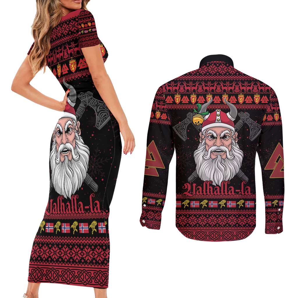 Norway Christmas Couples Matching Short Sleeve Bodycon Dress and Long Sleeve Button Shirt Valhalla La La Viking Santa - Wonder Print Shop