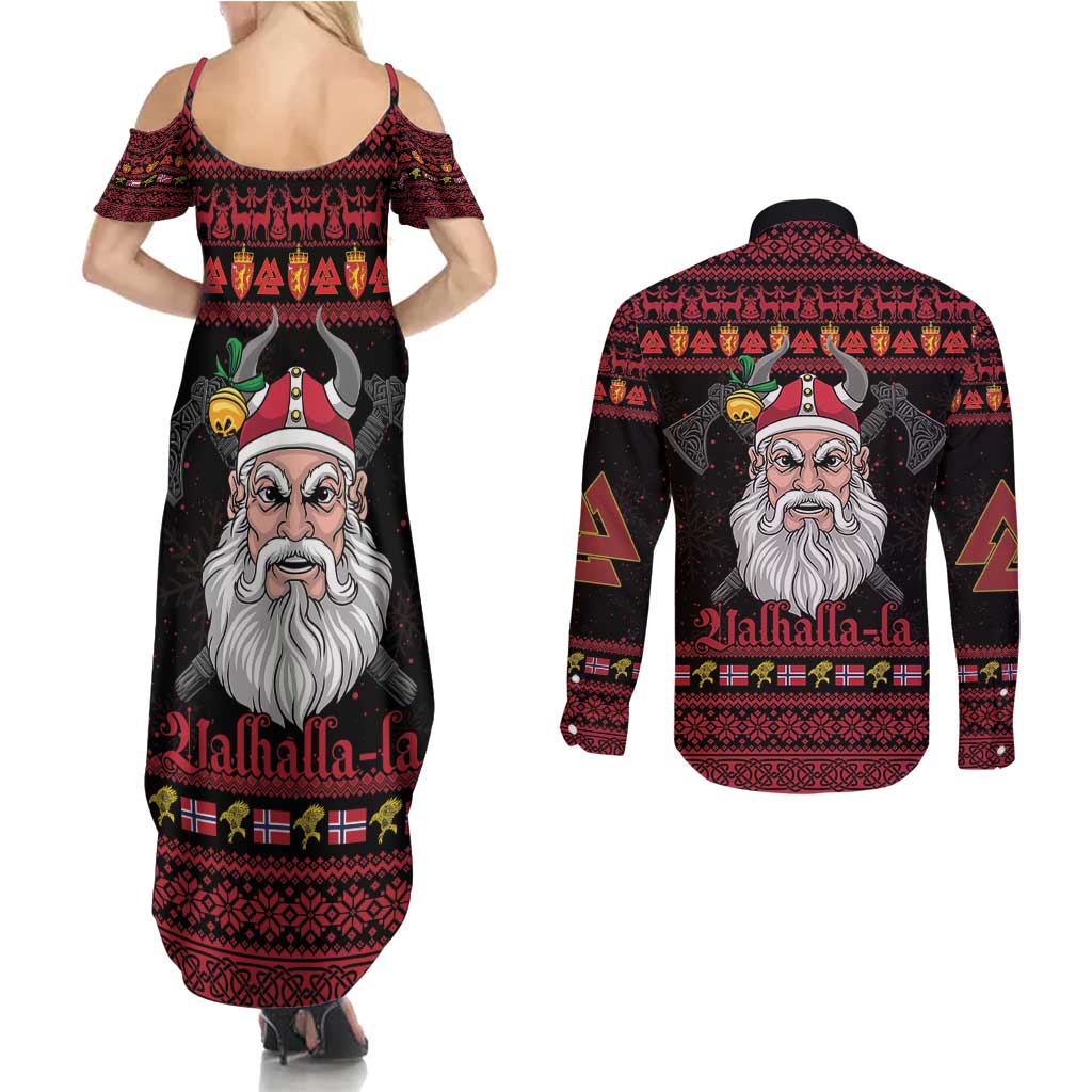 Norway Christmas Couples Matching Summer Maxi Dress and Long Sleeve Button Shirt Valhalla La La Viking Santa - Wonder Print Shop