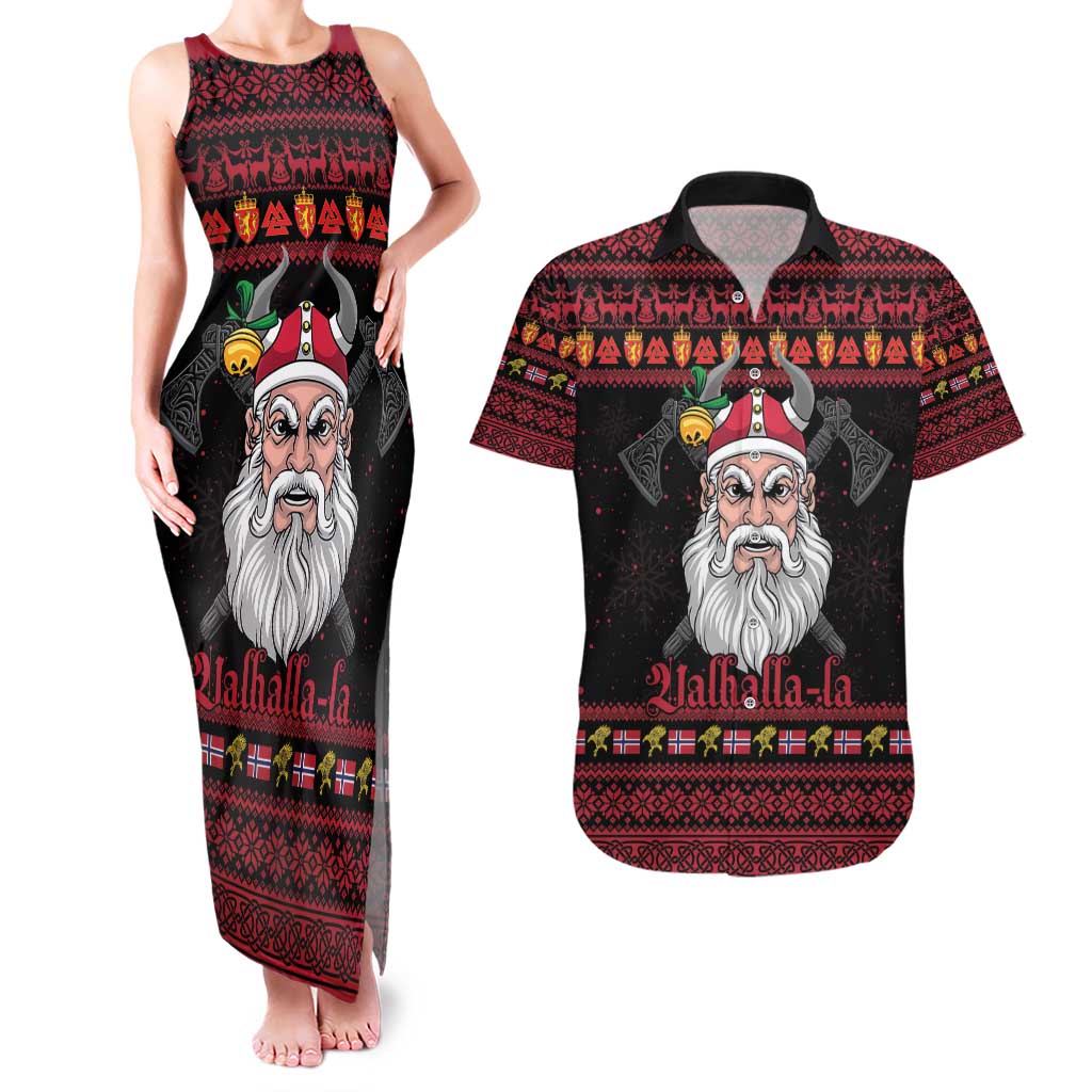 Norway Christmas Couples Matching Tank Maxi Dress and Hawaiian Shirt Valhalla La La Viking Santa - Wonder Print Shop