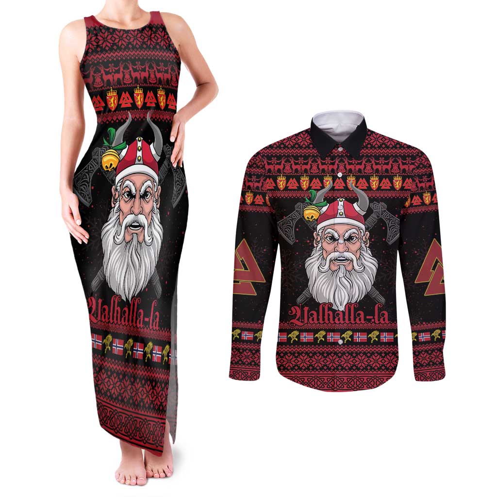 Norway Christmas Couples Matching Tank Maxi Dress and Long Sleeve Button Shirt Valhalla La La Viking Santa - Wonder Print Shop