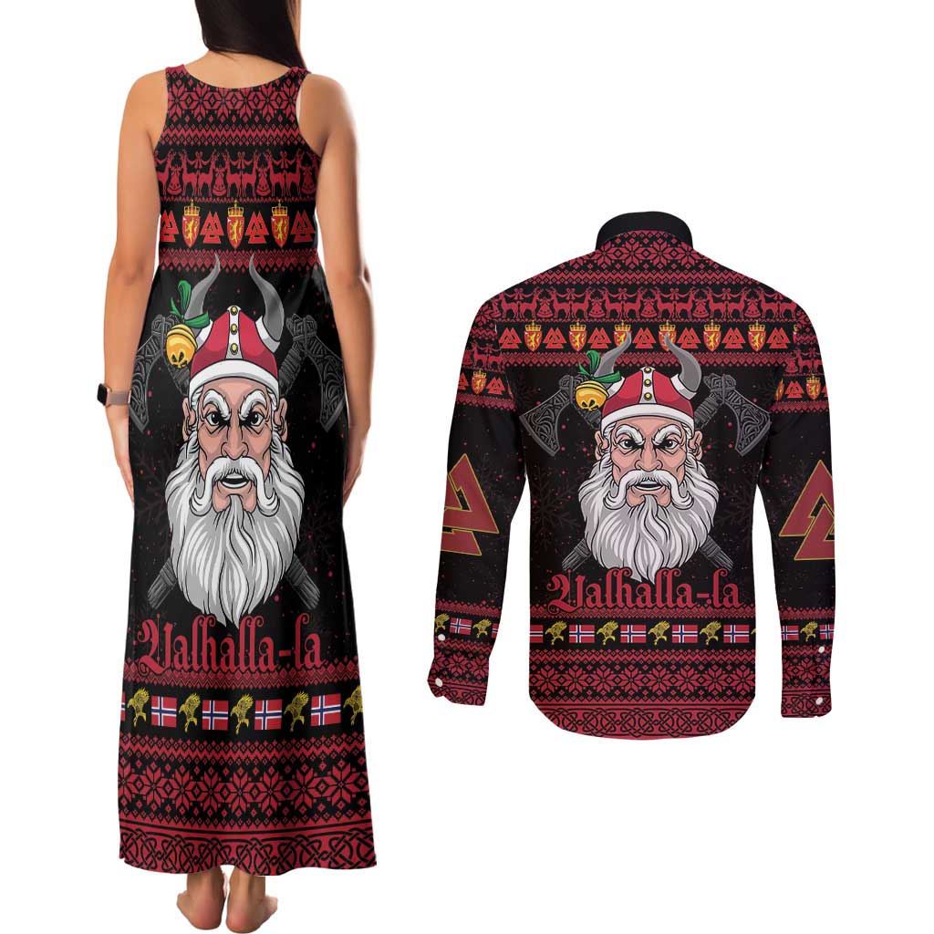 Norway Christmas Couples Matching Tank Maxi Dress and Long Sleeve Button Shirt Valhalla La La Viking Santa - Wonder Print Shop