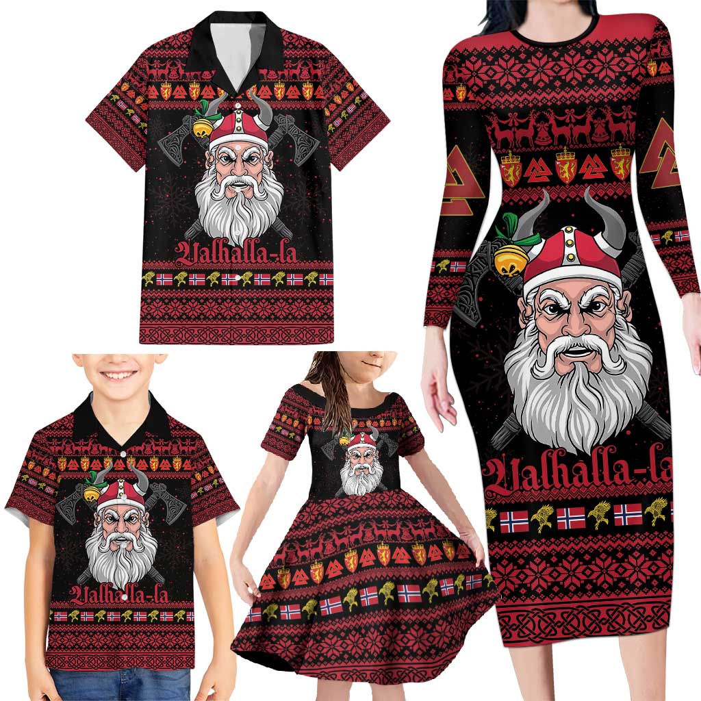 Norway Christmas Family Matching Long Sleeve Bodycon Dress and Hawaiian Shirt Valhalla La La Viking Santa - Wonder Print Shop